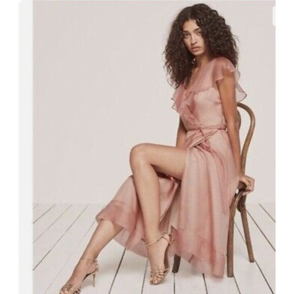 Reformation Cannes Dress Size L pink Wrap ruffle chiffon sheer rayon viscose - Picture 3 of 9
